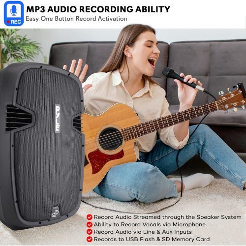  Pyle Powered Bluetooth PA Microphone System - 15 Active Bass Subwoofer Loudspeaker Built-in USB for MP3 Amplifier - DJ Party Portable Sound Stereo Amp Sub Concert Audio or Band Music -