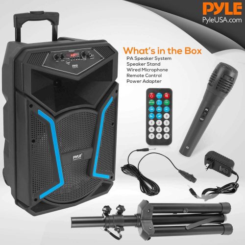  Pyle Portable Bluetooth PA Speaker System-1200W Outdoor Bluetooth Speaker Portable PA System w/Microphone in, Party Lights, MP3/USB SD Card Reader FM Radio, Rolling Wheels-Mic, Remote-P