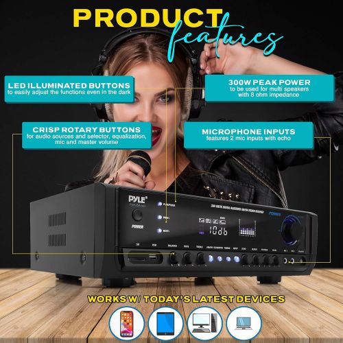  Wireless Bluetooth Power Amplifier System 300W 4 Channel Home Theater Audio Stereo Sound Receiver Box Entertainment w/ USB, RCA, 3.5mm AUX, LED, Remote for Speaker, PA, Studio-Pyle