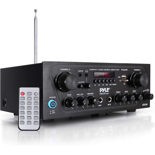  Pyle Upgraded Karaoke Bluetooth Channel Home Audio Sound Power Amplifier w/AUX-in, USB, 2 Microphone Input w/Echo, Talkover for PA, Black (PTA24BT)