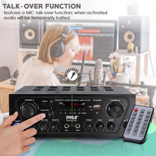  Pyle Upgraded Karaoke Bluetooth Channel Home Audio Sound Power Amplifier w/AUX-in, USB, 2 Microphone Input w/Echo, Talkover for PA, Black (PTA24BT)