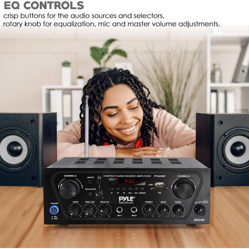  Pyle Upgraded Karaoke Bluetooth Channel Home Audio Sound Power Amplifier w/AUX-in, USB, 2 Microphone Input w/Echo, Talkover for PA, Black (PTA24BT)