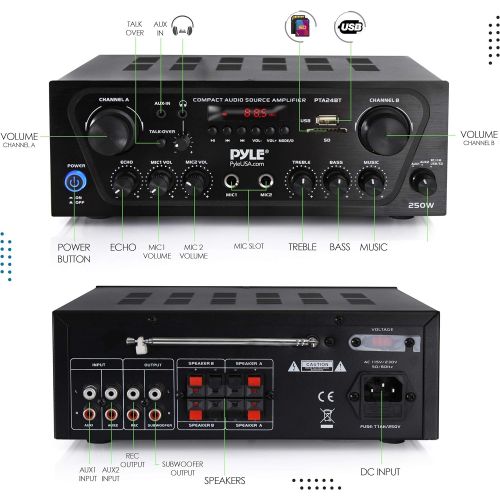  Pyle Upgraded Karaoke Bluetooth Channel Home Audio Sound Power Amplifier w/AUX-in, USB, 2 Microphone Input w/Echo, Talkover for PA, Black (PTA24BT)