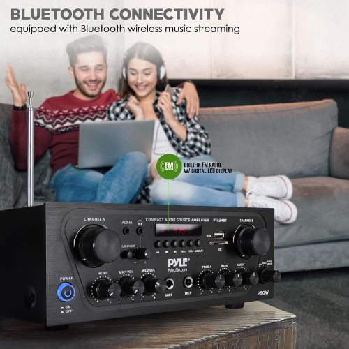  Pyle Upgraded Karaoke Bluetooth Channel Home Audio Sound Power Amplifier w/AUX-in, USB, 2 Microphone Input w/Echo, Talkover for PA, Black (PTA24BT)