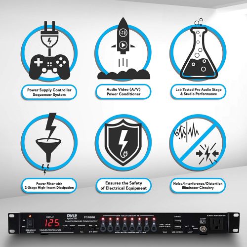  Pyle 8 Outlet Power Sequencer Conditioner - 2200W Rack Mount Pro Audio Digital Power Supply Controller Regulator w/ Voltage Readout, Surge Protector, For Home Theater, Stage / Studio Us