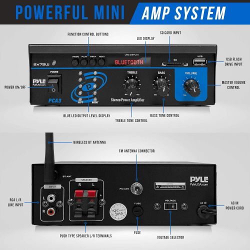  Pyle Home Audio Power Amplifier System - 2X75W Mini Dual Channel Sound Stereo Receiver Box w/ LED - For Amplified Speakers, CD Player, Theater via 3.5mm RCA - For Studio, Home Use - Pyl