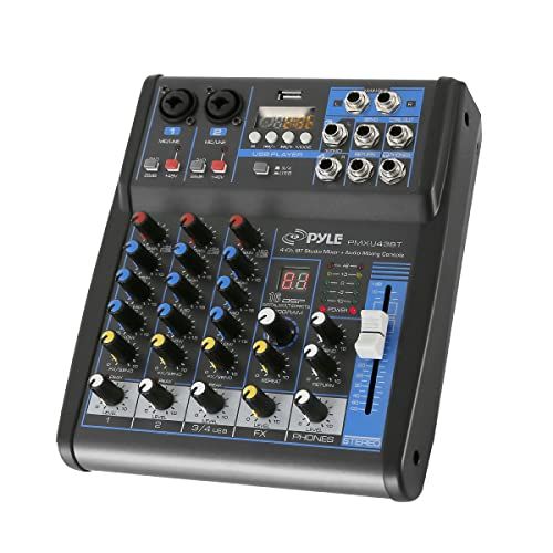  Pyle Professional Audio Mixer Sound Board Console System Interface 4 Channel Digital USB Bluetooth MP3 Computer Input 48V Phantom Power Stereo DJ Studio Streaming FX 16-Bit DSP pro