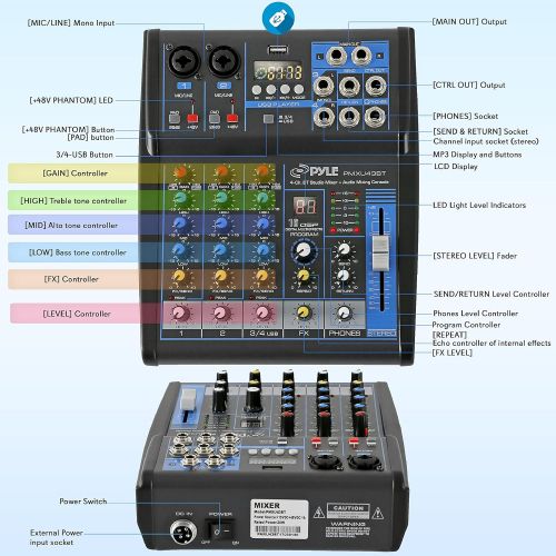  Pyle Professional Audio Mixer Sound Board Console System Interface 4 Channel Digital USB Bluetooth MP3 Computer Input 48V Phantom Power Stereo DJ Studio Streaming FX 16-Bit DSP pro