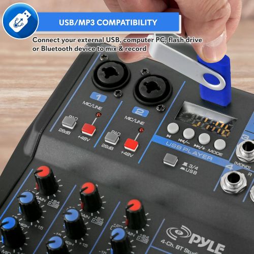  Pyle Professional Audio Mixer Sound Board Console System Interface 4 Channel Digital USB Bluetooth MP3 Computer Input 48V Phantom Power Stereo DJ Studio Streaming FX 16-Bit DSP pro