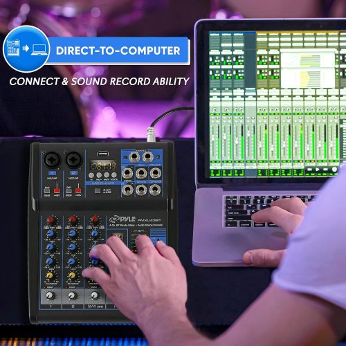  Pyle Professional Audio Mixer Sound Board Console System Interface 4 Channel Digital USB Bluetooth MP3 Computer Input 48V Phantom Power Stereo DJ Studio Streaming FX 16-Bit DSP pro