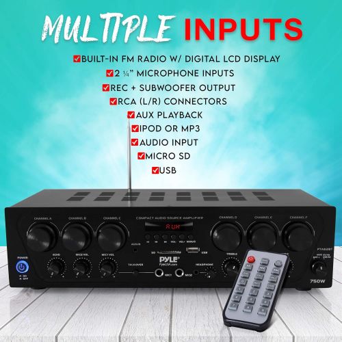  Pyle Bluetooth Home Audio Amplifier System - Upgraded 6 Channel 750 Watt Wireless Home Audio Sound Power Stereo Receiver w/ USB, Micro SD, Headphone, 2 Microphone Input w/ Echo, Talkove