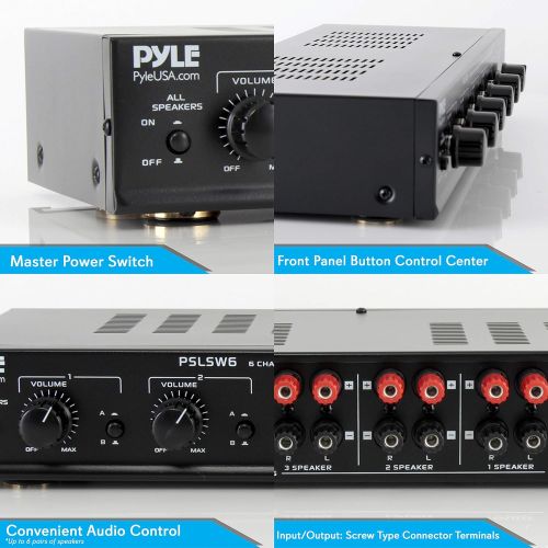  Pyle 6 Channel Speaker Selector Switch - Multi Zone A B Speaker Distribution Controller Box w/ Independent Audio Source Volume Control, Supports Home Theater Stereo Receiver System - Py