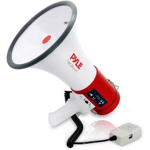  Pyle Megaphone 50-Watt Siren Bullhorn - Bullhorn Speaker w/ Detachable Microphone, Portable Lightweight Strap & Rechargeable Battery - Professional Outdoor Voice for Police & Cheer