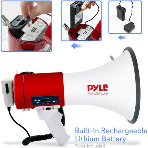  Pyle Megaphone 50-Watt Siren Bullhorn - Bullhorn Speaker w/ Detachable Microphone, Portable Lightweight Strap & Rechargeable Battery - Professional Outdoor Voice for Police & Cheer