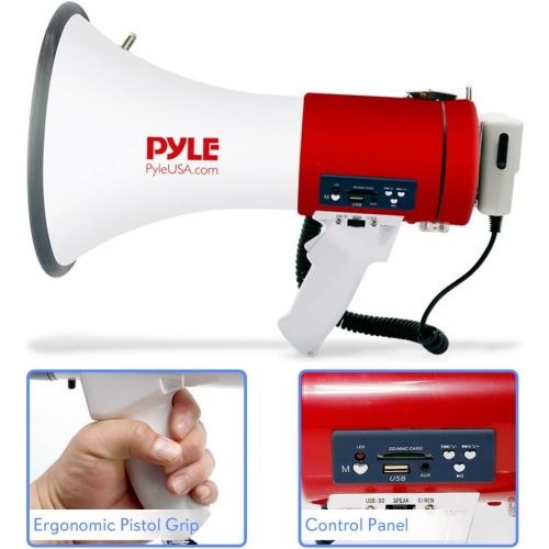  Pyle Megaphone 50-Watt Siren Bullhorn - Bullhorn Speaker w/ Detachable Microphone, Portable Lightweight Strap & Rechargeable Battery - Professional Outdoor Voice for Police & Cheer