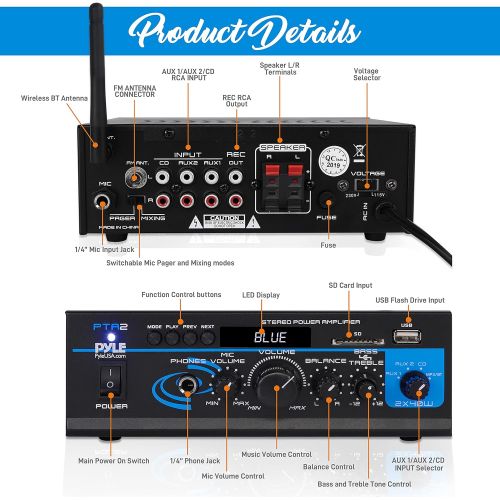  Pyle Home Audio Power Amplifier System - 2X40W Mini Dual Channel Mixer Sound Stereo Receiver Box w/ AUX, Mic Input - For Amplified Speakers, PA, CD Player, Theater via RCA, Studio Use -