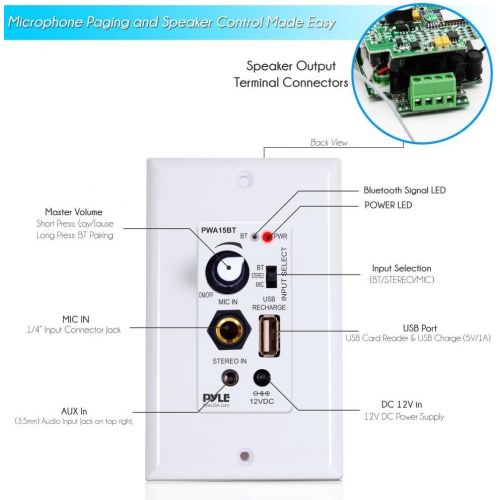  Pyle Bluetooth Receiver Wall Mount | In-Wall Audio Control Receiver with Built-in Amplifier | USB, Microphone, Aux (3.5mm) Input | Speaker Terminal Block | Connect 2 Speakers - 100