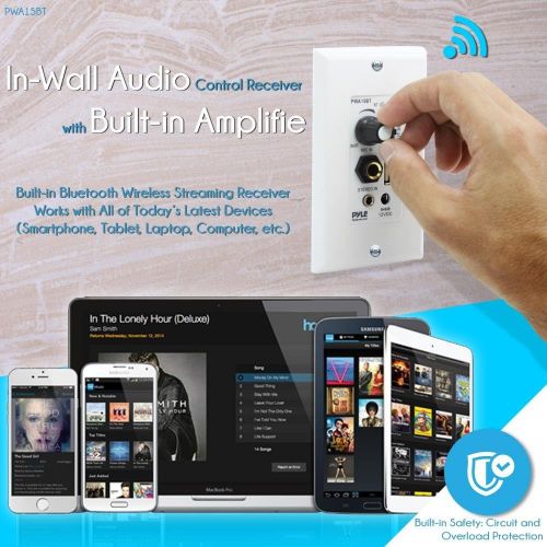  Pyle Bluetooth Receiver Wall Mount | In-Wall Audio Control Receiver with Built-in Amplifier | USB, Microphone, Aux (3.5mm) Input | Speaker Terminal Block | Connect 2 Speakers - 100