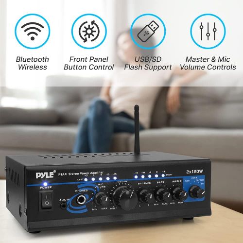  Pyle Home Audio Power Amplifier System - 2X120W Mini Dual Channel Mixer Sound Stereo Receiver Box w/ RCA, AUX, Mic Input - For Amplified Speakers, PA, CD Player, Theater, Studio Use - P