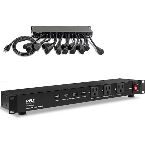  Pyle 19 Outlet 1U 19 Rackmount PDU Power Distribution Supply Center Conditioner Strip Unit Surge Protector 15 Amp Circuit Breaker 4 USB Multi Device Charge Ports 15FT Cord (PCO865)