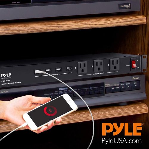  Pyle 19 Outlet 1U 19 Rackmount PDU Power Distribution Supply Center Conditioner Strip Unit Surge Protector 15 Amp Circuit Breaker 4 USB Multi Device Charge Ports 15FT Cord (PCO865)