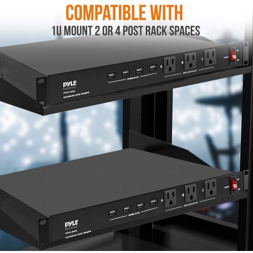  Pyle 19 Outlet 1U 19 Rackmount PDU Power Distribution Supply Center Conditioner Strip Unit Surge Protector 15 Amp Circuit Breaker 4 USB Multi Device Charge Ports 15FT Cord (PCO865)