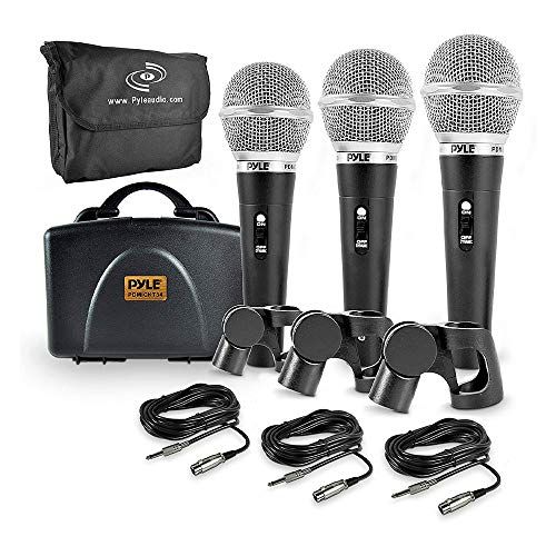  Pyle 3 Piece Professional Dynamic Microphone Kit Cardioid Unidirectional Vocal Handheld MIC with Hard Carry Case & Bag, Holder/Clip & 26ft XLR Audio Cable to 1/4 Audio Connection (