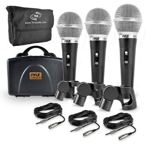  Pyle 3 Piece Professional Dynamic Microphone Kit Cardioid Unidirectional Vocal Handheld MIC with Hard Carry Case & Bag, Holder/Clip & 26ft XLR Audio Cable to 1/4 Audio Connection (