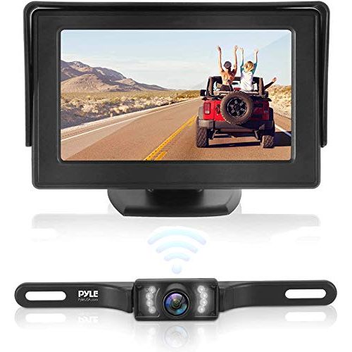  Pyle Waterproof Backup Rear View Camera - Wireless Car Parking Rearview Reverse Safety Vehicle Monitor System w/ 4.3” Video Color LCD Display Screen, Distance Scale Lines, Night Vision