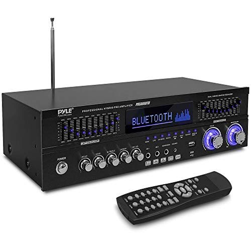  Pyle Bluetooth Hybrid Stereo Home Pre-Amplifier - Home Audio Rack Mount Desktop Stereo Pre-Amplifier Receiver w/ Radio, USB/AUX/RCA/Mic, Optical/Coaxial, AC-3, DVD Inputs, Dual 10 Band