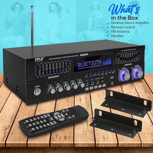  Pyle Bluetooth Hybrid Stereo Home Pre-Amplifier - Home Audio Rack Mount Desktop Stereo Pre-Amplifier Receiver w/ Radio, USB/AUX/RCA/Mic, Optical/Coaxial, AC-3, DVD Inputs, Dual 10 Band