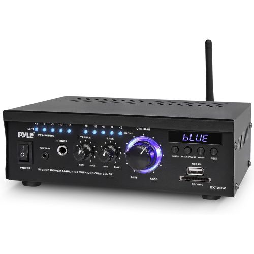  Pyle Bluetooth Computer Speaker Amplifier - 2x120 Watt Home Stereo Power Amplifier Home Audio Receiver System W/Blue Led Display, USB/SD, AUX, RCA, Headphone Jack - Remote - PCAU46