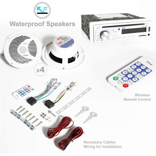  Pyle PLCDBT85MRW Single DIN Waterproof Marine Bluetooth Receiver Stereo System and CD Player with 2 Pairs 6.5 Inch Waterproof Speakers and Remote Control, White (4 Pack)