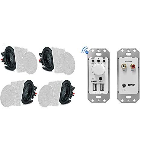  Pyle 6.5” 4 Bluetooth Flush Mount in-Wall in-Ceiling 2-Way Speaker System & Bluetooth Receiver Wall Mount - in-Wall Audio Control Receiver w/Dual USB Charging Port, 3.5mm AUX Input