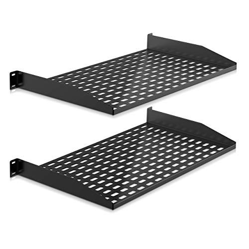  2-Pc 1U Server Rack Shelf, Vented Shelves for Good Air Circulation, Cantilever Mount, Wall Mount Rack, Universal Device, Cabinet Shelf, Computer Case Mounting Tray, Black-Pyle PLRS