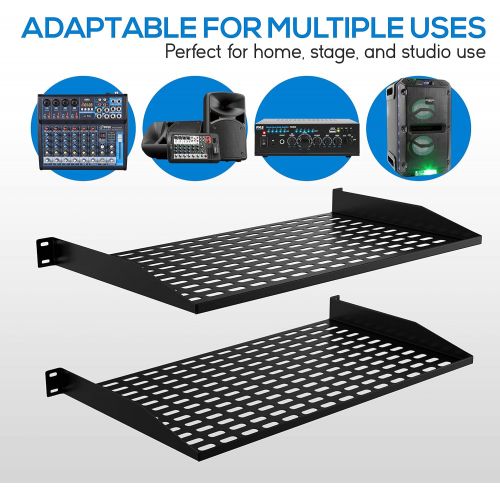  2-Pc 1U Server Rack Shelf, Vented Shelves for Good Air Circulation, Cantilever Mount, Wall Mount Rack, Universal Device, Cabinet Shelf, Computer Case Mounting Tray, Black-Pyle PLRS