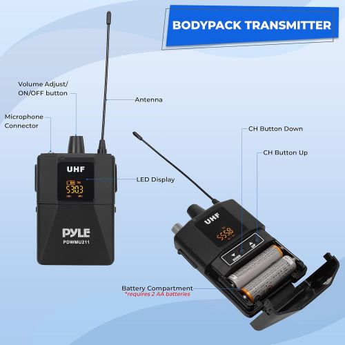  Pyle Dual UHF Wireless Microphone System - Portable Professional Cordless Microphone Set Wireless Mic Kit w/Headset Mic, Lavalier Mic, Beltpack Transmitter, Receiver - Karaoke & Confere
