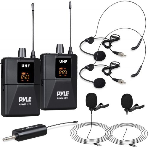  Pyle Dual UHF Wireless Microphone System - Portable Professional Cordless Microphone Set Wireless Mic Kit w/Headset Mic, Lavalier Mic, Beltpack Transmitter, Receiver - Karaoke & Confere