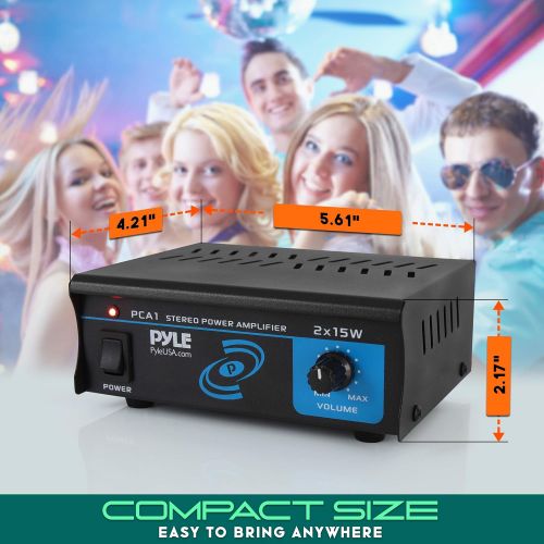  Pyle Compact Mini Stereo Power Amplifier - 2x15 Watt Portable Dual Channel Home Audio Speaker Receiver Box w/ RCA Cable L/R Input For CD Player, Tuner, MP3, For Amplified Speakers Sound