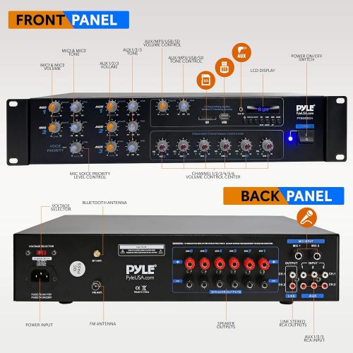  Pyle Wireless Bluetooth Power Amplifier System - 4200W 6CH Powered Rack Mount Portable Surround Sound Multi Zone Audio Home Stereo Receiver Box w/RCA, USB, AUX - for Speaker, PA, Theate