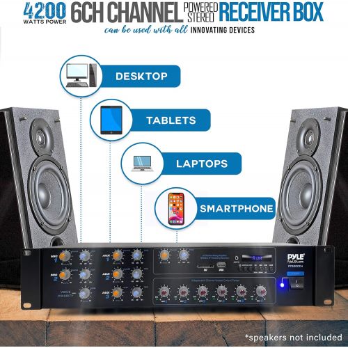  Pyle Wireless Bluetooth Power Amplifier System - 4200W 6CH Powered Rack Mount Portable Surround Sound Multi Zone Audio Home Stereo Receiver Box w/RCA, USB, AUX - for Speaker, PA, Theate