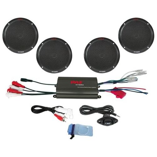  Pyle Marine Receiver Speaker Kit - 4-Channel Amplifier w/ 6.5” Speakers (4) Waterproof Poly Bag 3.5mm Jack RCA Adaptor for MP3/iPod & Volume Gain Remote Control & Power Protection