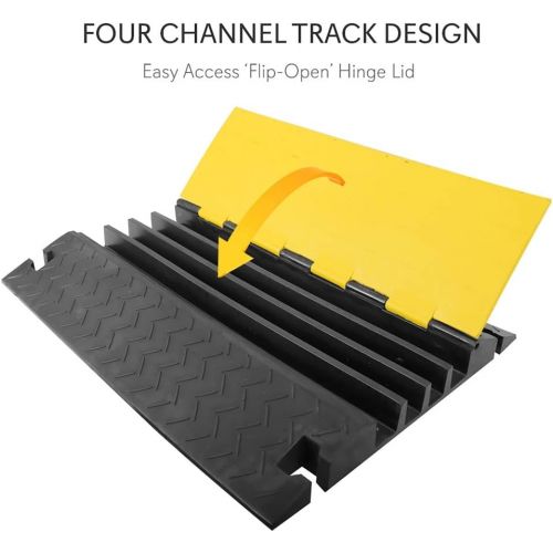  Pyle Hose & Cable Protection Ramp - Extra Heavy Duty Four Channel Extra Large Opening for Water Hose Car Truck Pedestrian Ramp Supports 55000 Lbs, Flip-Open Cover, 31.5” x 23.2” x 3.14”