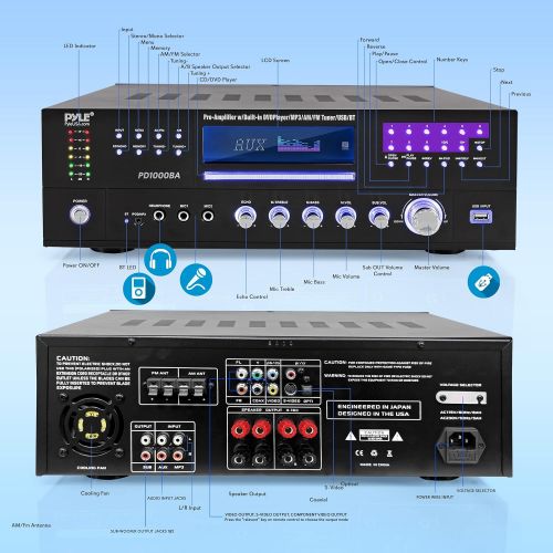  Pyle 4-Channel Wireless Bluetooth Power Amplifier - 1000W Stereo Speaker Home Audio Receiver w/ FM Radio, USB, Headphone, 2 Microphone w/ Echo, Front Loading CD DVD Player, LED, Rack Mo