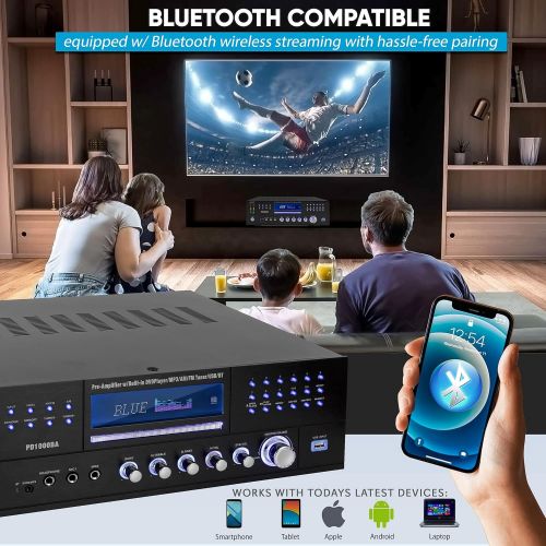  Pyle 4-Channel Wireless Bluetooth Power Amplifier - 1000W Stereo Speaker Home Audio Receiver w/ FM Radio, USB, Headphone, 2 Microphone w/ Echo, Front Loading CD DVD Player, LED, Rack Mo