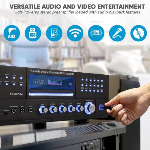  Pyle 4-Channel Wireless Bluetooth Power Amplifier - 1000W Stereo Speaker Home Audio Receiver w/ FM Radio, USB, Headphone, 2 Microphone w/ Echo, Front Loading CD DVD Player, LED, Rack Mo