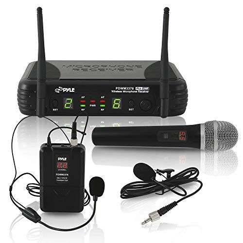  Pyle Dual Channel UHF Wireless Microphone System Handheld MIC, Headset, Belt Pack, Lavelier/Lapel MIC w/ 8 Selectable Frequency Independent Volume Controls AF & RF Signal Indicator