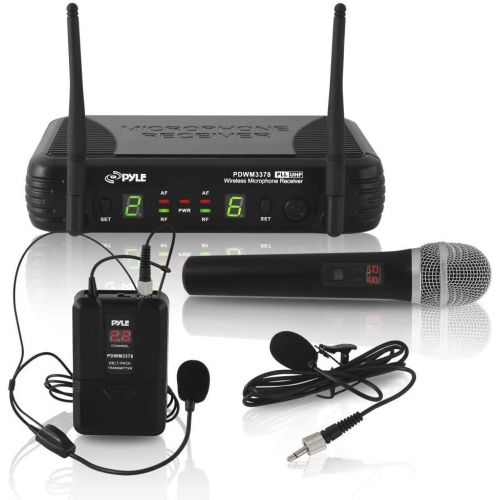  Pyle Dual Channel UHF Wireless Microphone System Handheld MIC, Headset, Belt Pack, Lavelier/Lapel MIC w/ 8 Selectable Frequency Independent Volume Controls AF & RF Signal Indicator