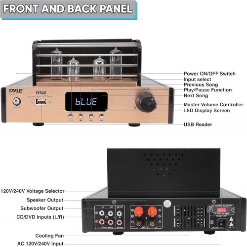  Pyle Bluetooth Tube Amplifier Stereo Receiver - 1000W Home Audio Desktop Stereo Vacuum Hi-Fi Power Amplifier Receiver w/ 4 Vacuum Tubes, USB/CD/DVD Input, Optical/Coaxial, Subwoofer Out