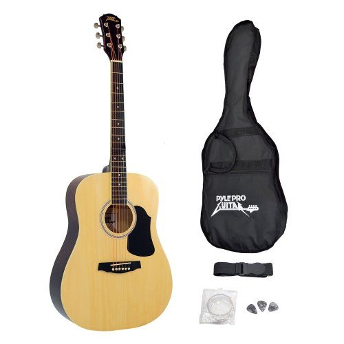  Pyle Dreadnought Acoustic Guitar Starter Pack - 41” 6 String Linden Wood High Gloss Polished w/ Pick Guard, Accessories, Case Bag, Steel Strings, Nylon Strap, Tuner, Picks, Great for Be